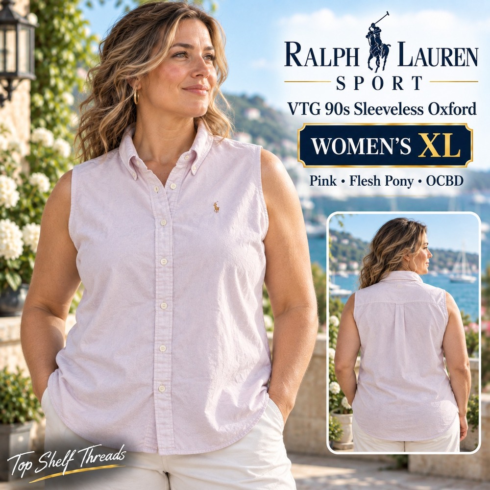 VTG 90s Ralph Lauren Sport Women XL Pink Sleeveless Flesh Pony Oxford OCBD Shirt